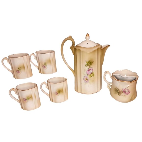 VTG NIPPON Hand Painted Wild Rose 7 Piece COMPLETE Floral Tea Set Chocolate Pot - Picture 3 of 8